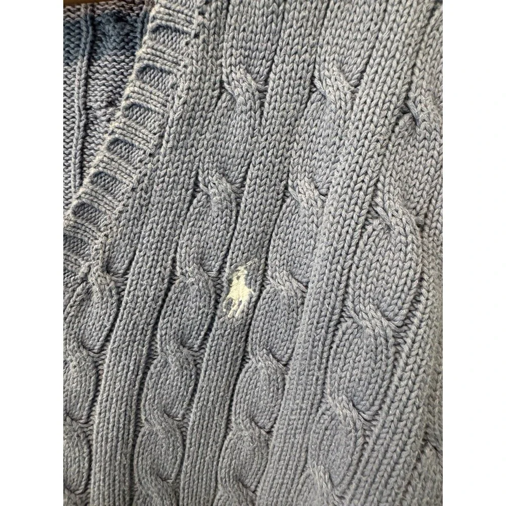Polo Ralph Lauren Sport Blue Cable Knit V-Neck Sweater White Pony Women's XL